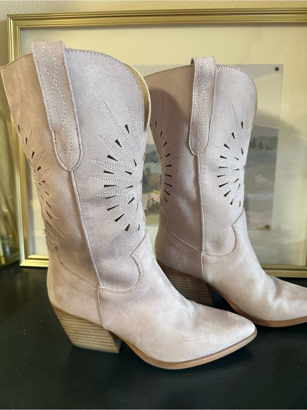 Women's Lavender Suede Western Cutout Mid-Calf Heeled Boots - Picture 6 of 10